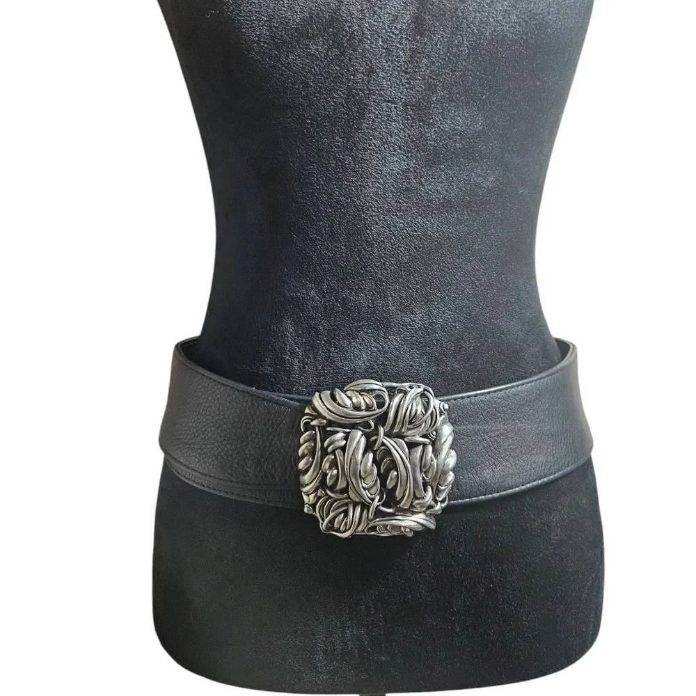 Vintage Medieval Dark Romantic Leather Statement Metal Ornate Sculptured Belt L
